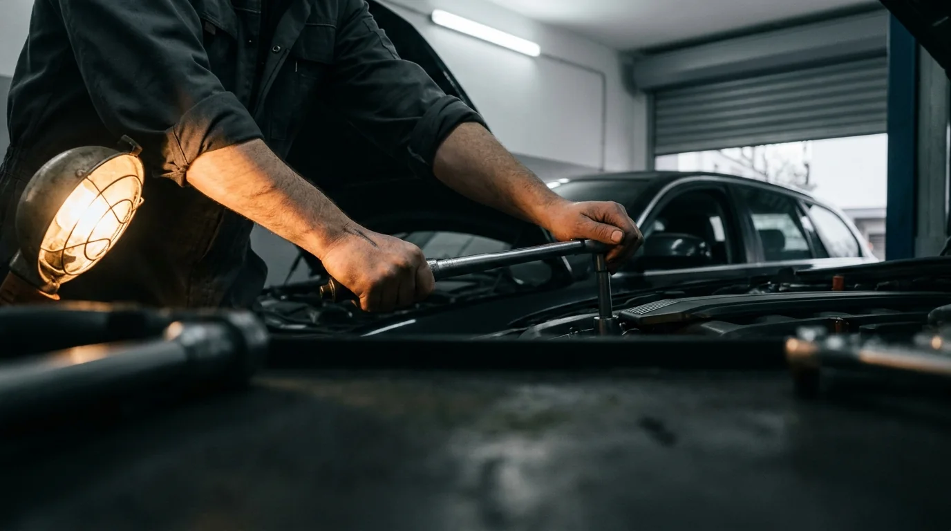 Dłonie mechanika na kluczu dynamometrycznym